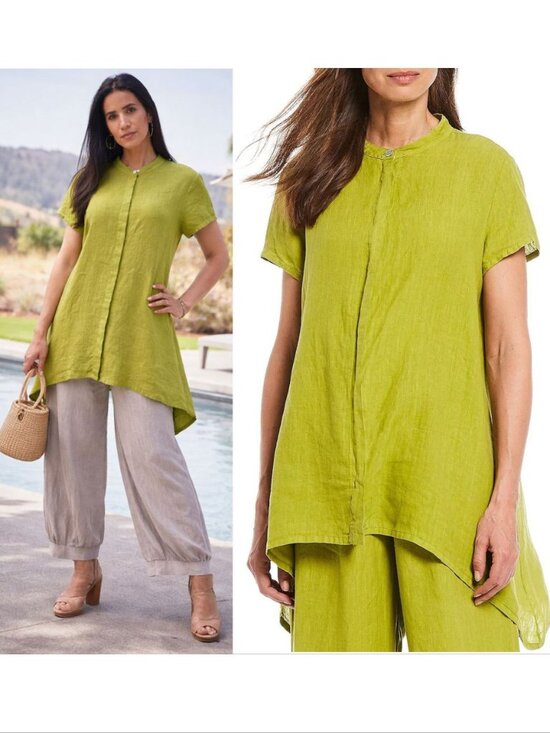 bryn Walker Tops - BRYN WALKER Willa LINEN Hi Low TUNIC Top Vireo Lime Green Button Front NEW $183